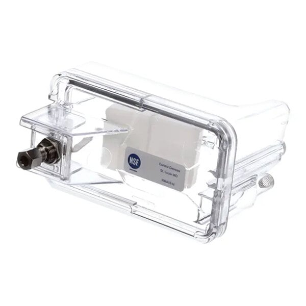 A clear plastic Ice-O-Matic float reservoir with a metal fitting and NSF certification label.