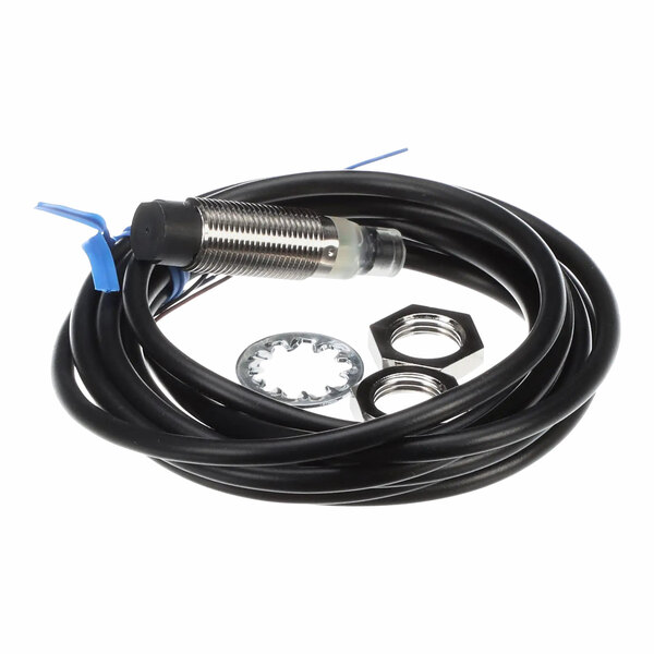 A proximity sensor with a threaded metal body, attached cable, and mounting hardware.
