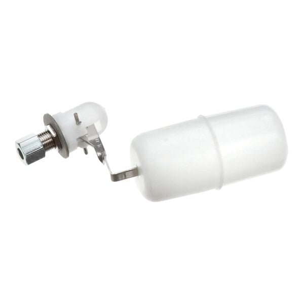 A white plastic float valve with a metal mounting component.