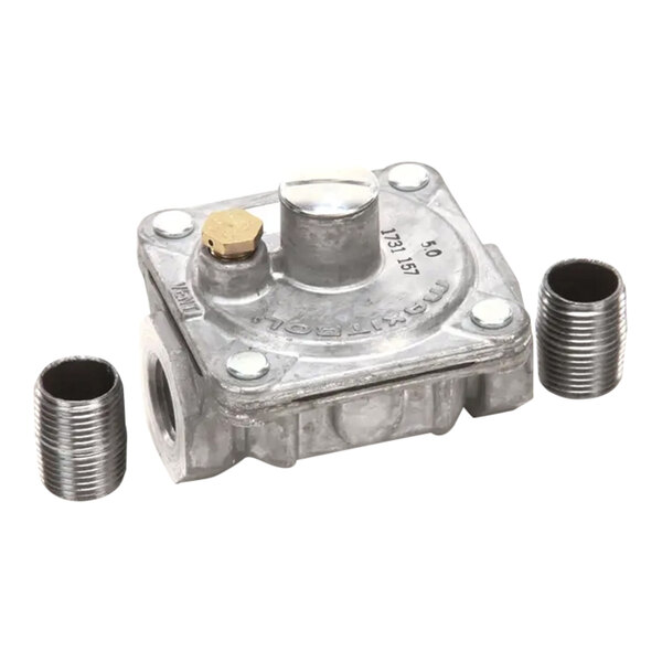 A metal gas regulator kit for natural gas, including the main regulator unit and two threaded pipe fittings.