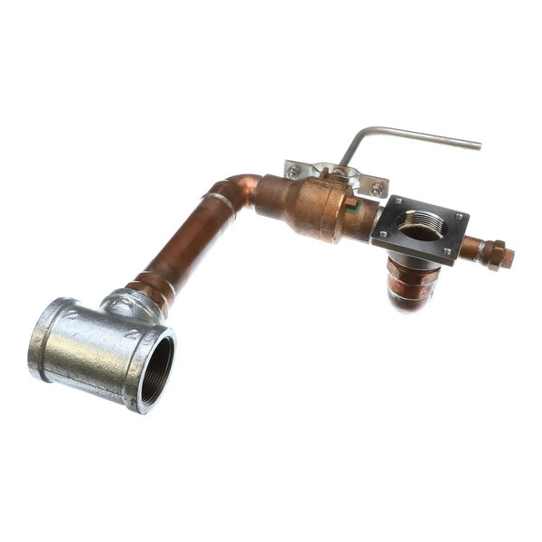 A metal drain sub assembly with copper and brass fittings, a valve, and threaded connectors.