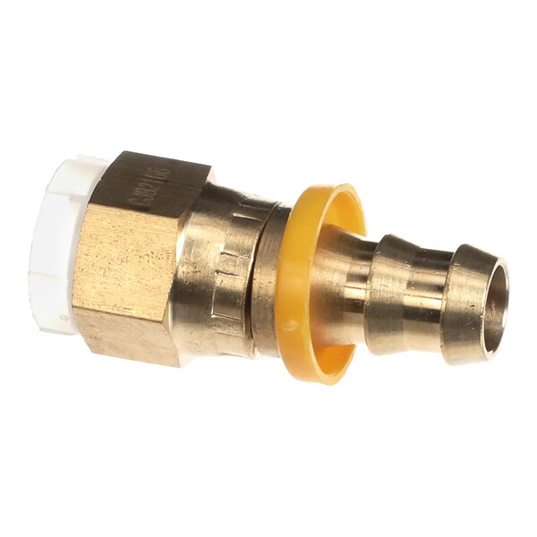 A brass female JIC 37 swivel fitting with a 1/2 inch hose connection and a 1/2 inch female 37-degree flare.