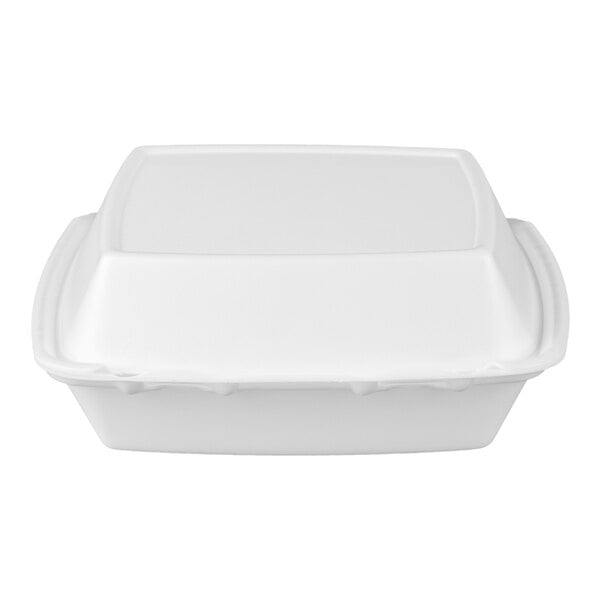 A white Dart foam take out container with three compartments and a lid.
