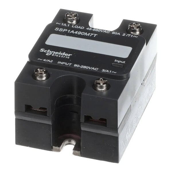 A black solid state relay with screw terminals, labeled Schneider Electric SSP1A490MTT, rated for 90 amps.