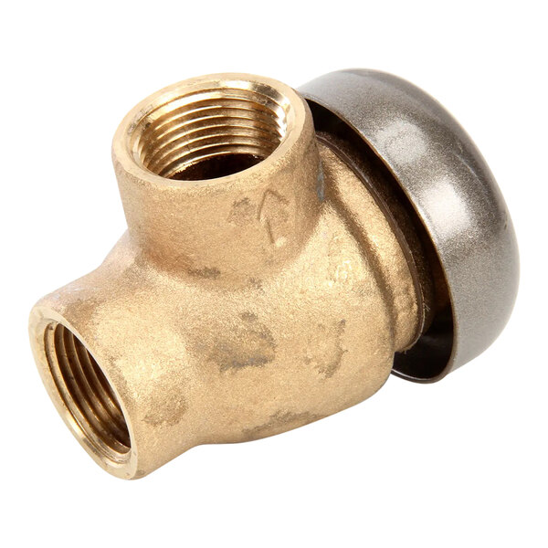 A brass 3/4 inch vacuum breaker with threaded openings and a metallic cap.