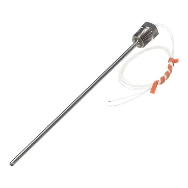 A metal thermistor probe with attached wires and a threaded fitting.