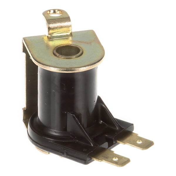 A Champion 0505235 electrical coil with a black cylindrical body, metal mounting bracket, and two flat electrical terminals.