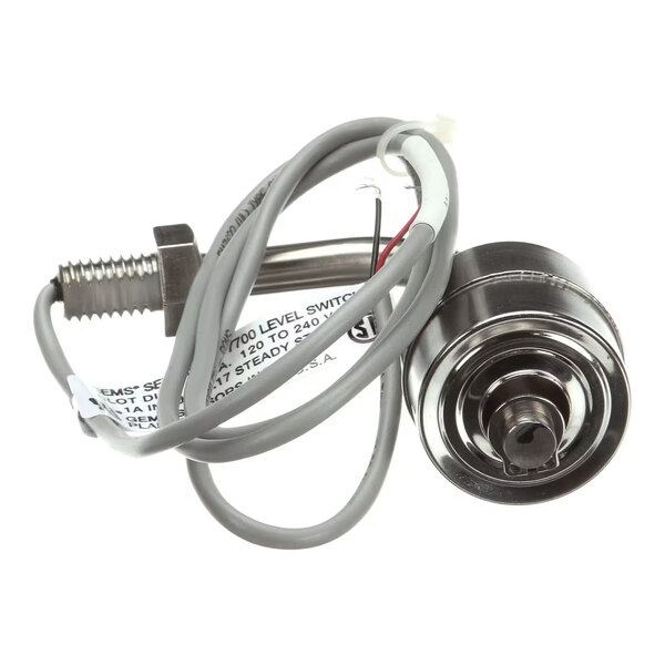 A single float switch with attached wiring and a metal threaded fitting.