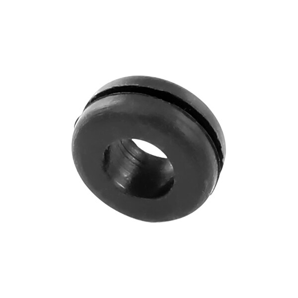 A black rubber grommet with a central hole, designed for use in protecting or insulating wires passing through metal panels.