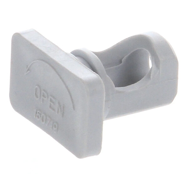 A gray plastic plug for a wash arm, labeled with 'OPEN' and an arrow.