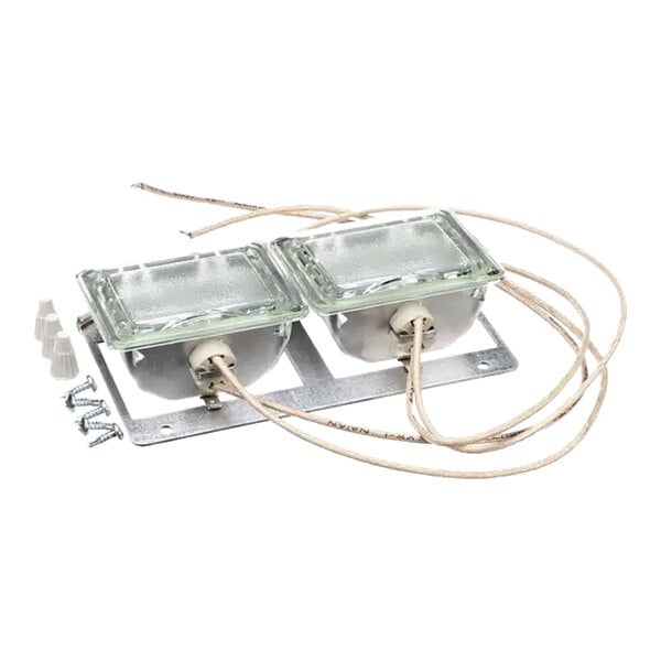 A Marsal Pizza Ovens 72667 light upgrade kit with two rectangular glass-covered lights, wiring, mounting plate, screws, and wire connectors.