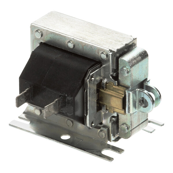 A metal and plastic solenoid component with mounting brackets and electrical terminals.