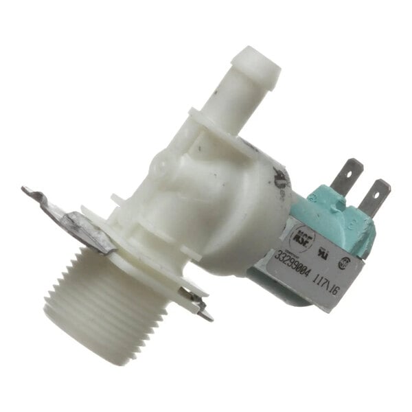 An Ice-O-Matic 1011357-143 water inlet valve with a plastic body and metal connectors.