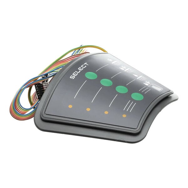 A black Ice-O-Matic PCB housing with a curved surface, green and yellow indicator buttons, and attached multicolored wiring.