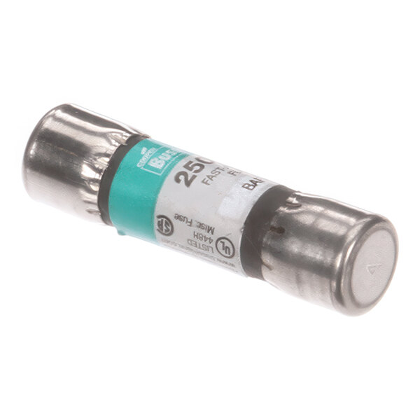 A cylindrical 10 amp, 250V AC fast-acting fuse with metal end caps and a labeled body.