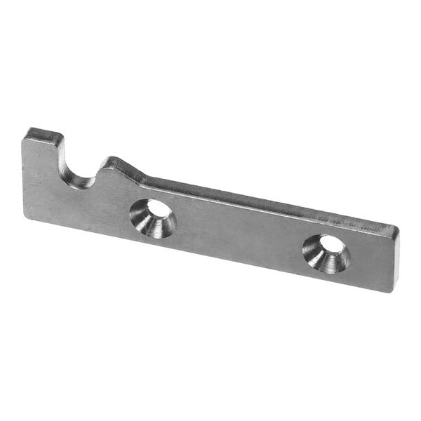 A metal door retainer part with two screw holes, designed for use with XLT Ovens.