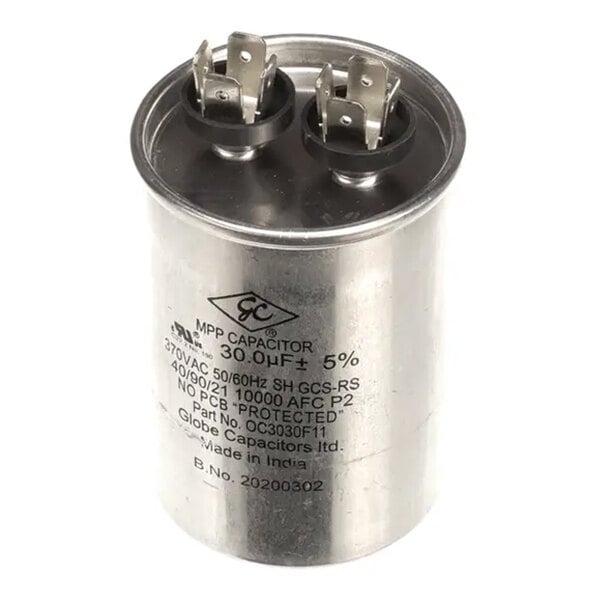 A cylindrical metal capacitor with two terminal connectors, labeled as a 30.0µF 370V AC component.