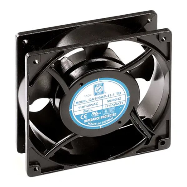 A black square cooling fan with a central blue and white label, typically used in ovens or electronic equipment.