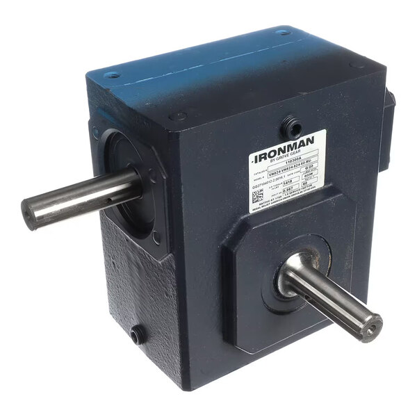 A heavy-duty industrial gear box with two protruding shafts and a labeled metal housing.