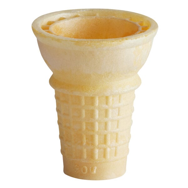 A close-up of a JOY flat bottom cake cone.