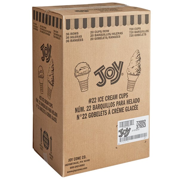 A box of 720 JOY flat bottom cake cones for ice cream.