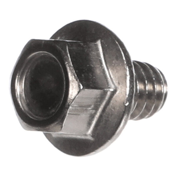 A stainless steel hex flange bolt with a 1/4-20 thread size and 3/8 inch length.