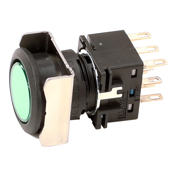 A green push button DPDT power switch with a 16mm flush mount and multiple terminals.