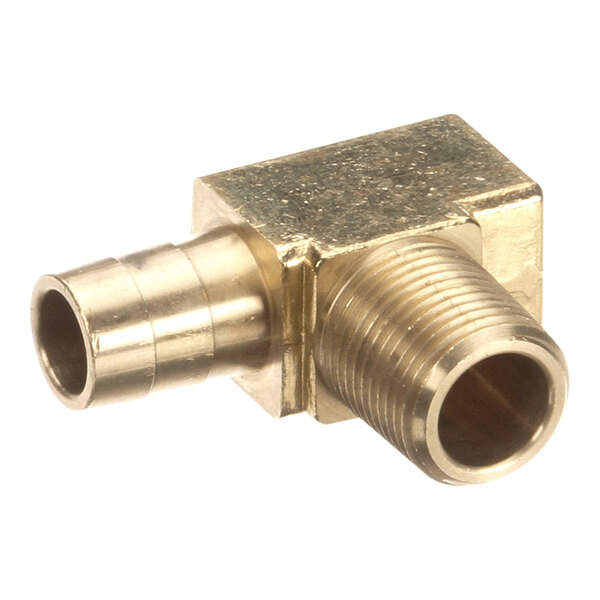 A brass tee fitting with a 1/2 inch hose barb and a 3/8 inch NPT male thread.