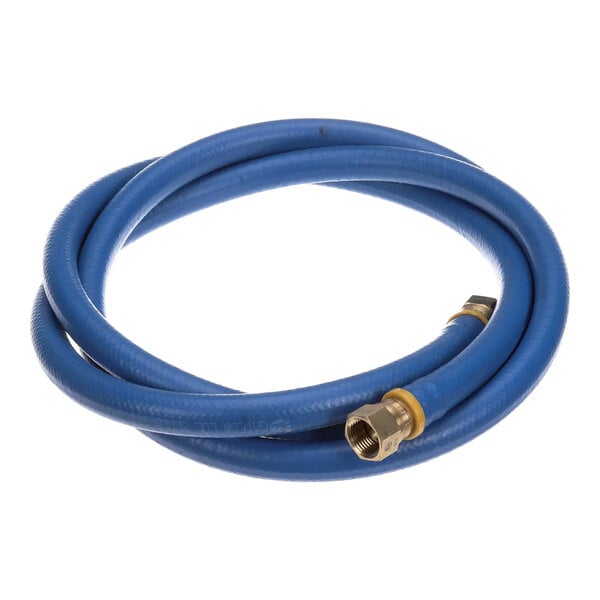 A coiled blue replacement hose with metal fittings on both ends.