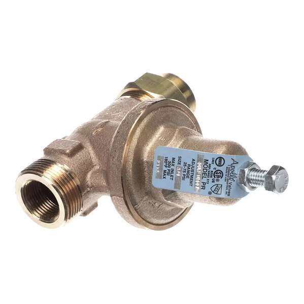 A brass pressure reducing valve with threaded connections and an adjustment bolt, designed for 3/4-inch pipes and a pressure range of 25-75 psi.