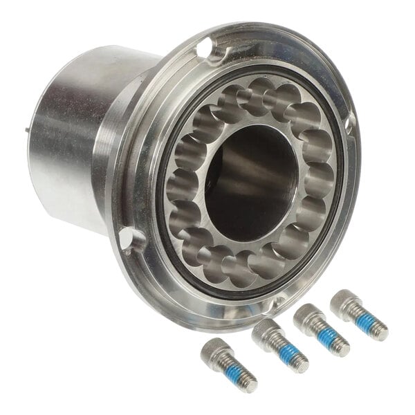 A metal Ice-O-Matic breaker kit component with a circular design and four included screws.