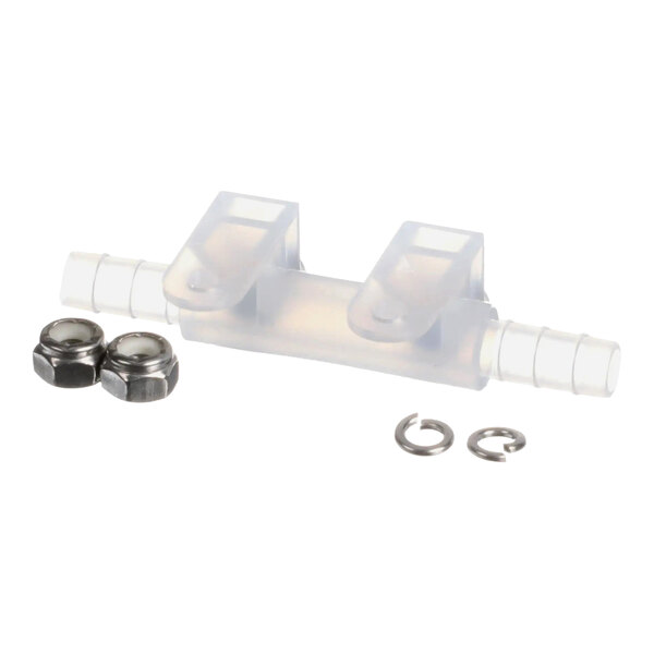 A translucent inline detergent sensor kit with two metal nuts and two washers.