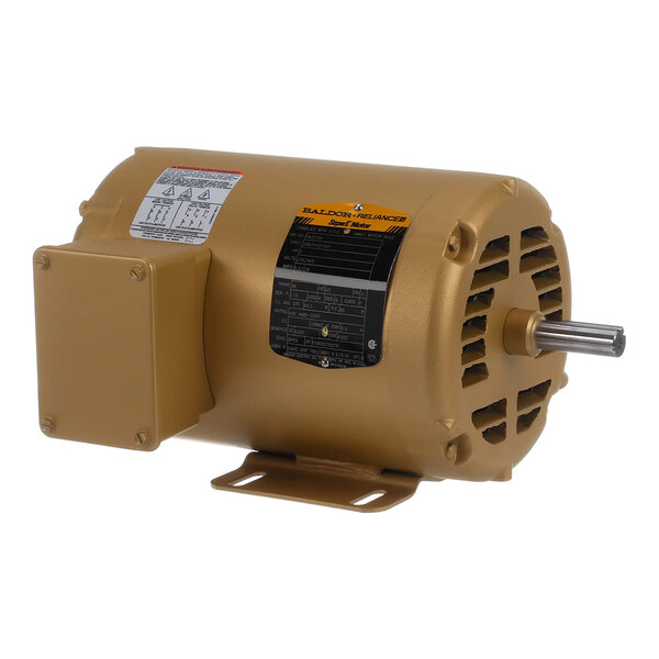 A gold-colored industrial electric motor with a mounting base and a protruding shaft.