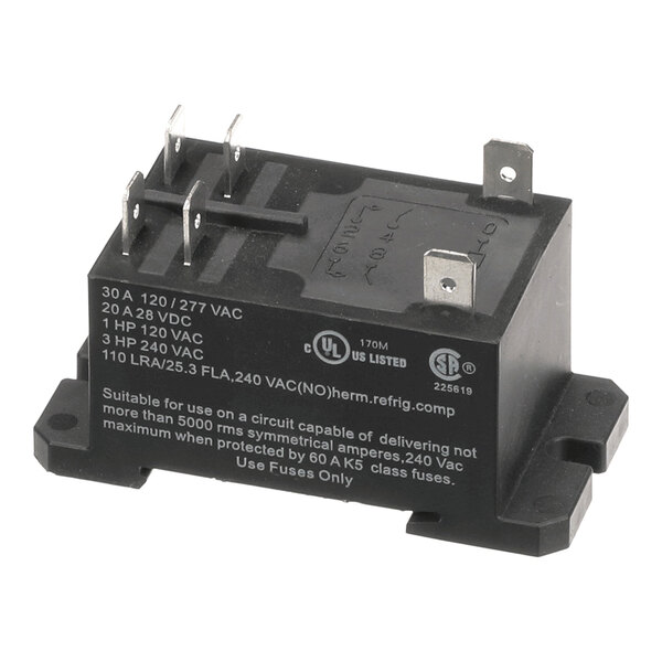 A black Champion DPST relay rated for 30A at 240VAC with multiple metal terminals.