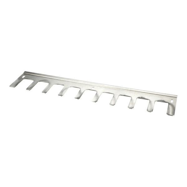 A metal conveyor shut off finger component with multiple prongs.