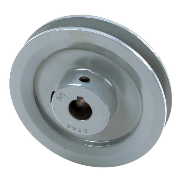 A metal sheave pulley with a 5/8 inch bore, typically used in mechanical and industrial applications.