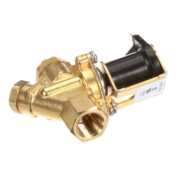 A brass inlet valve with a black solenoid, designed for 1.0 GPM flow at 115V.