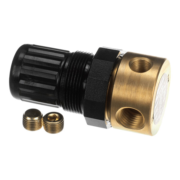 A brass water pressure regulator with a black adjustment knob and two brass fittings.
