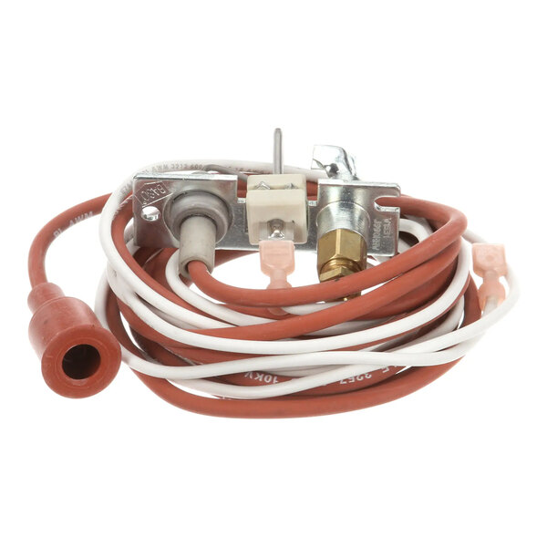 A pilot assembly with red and white wires for a Marsal pizza oven side burner, designed for natural gas.