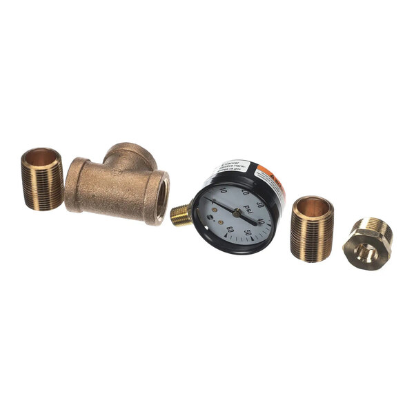 A water pressure test kit consisting of a pressure gauge and several brass fittings.