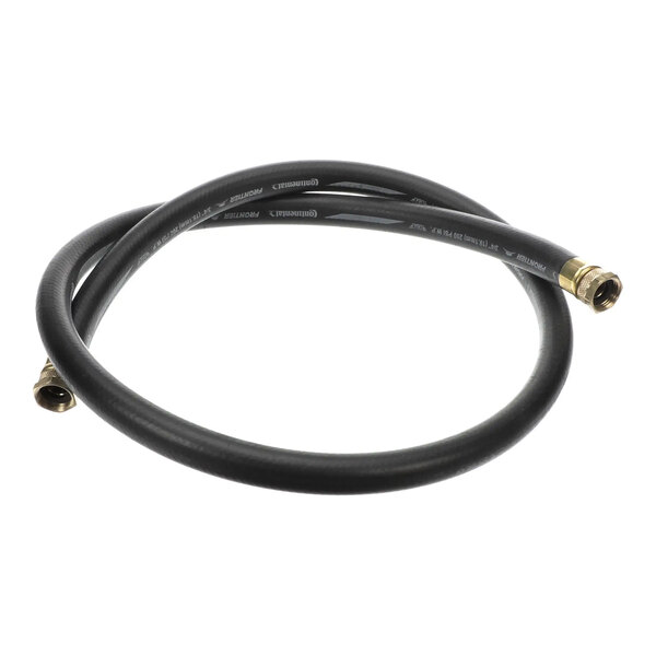 A 6-foot long black hose with 3/4 inch diameter and brass fittings on both ends.