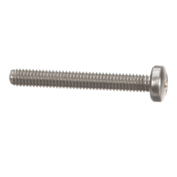 A metal panhead screw with a threaded shaft and a rounded head.