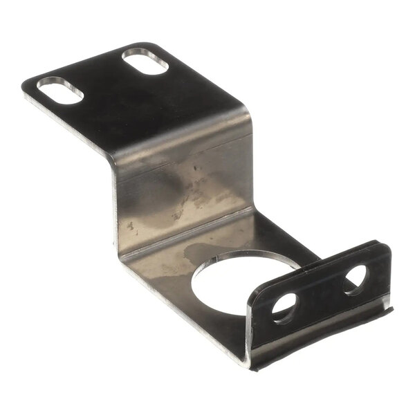 A metal bracket with multiple mounting holes and a central circular cutout, used for support applications.