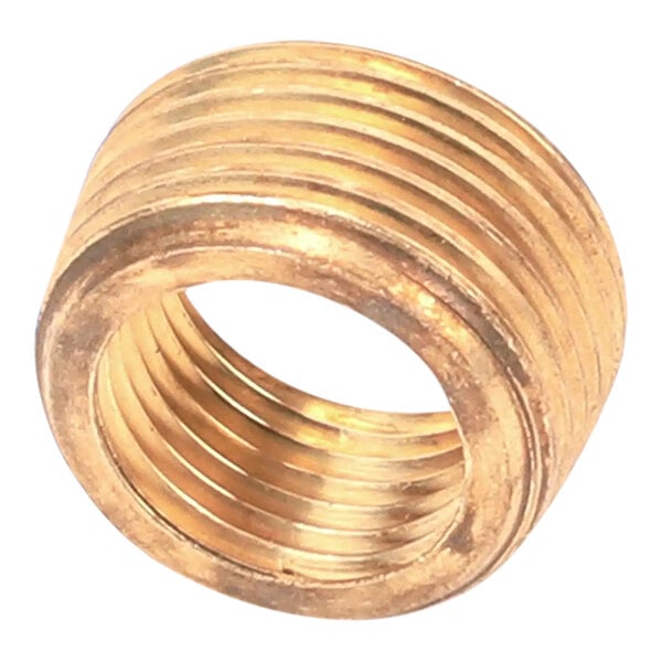 A brass threaded reducing bushing with a 3/4 inch to 1/2 inch size.
