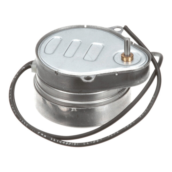 A metal timer motor with attached wiring, designed for use in electrical appliances.