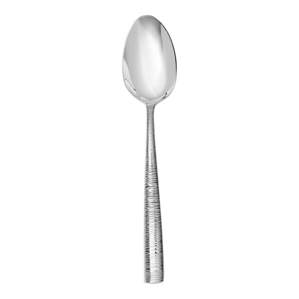 A stainless steel coffee or tea spoon with a textured handle.