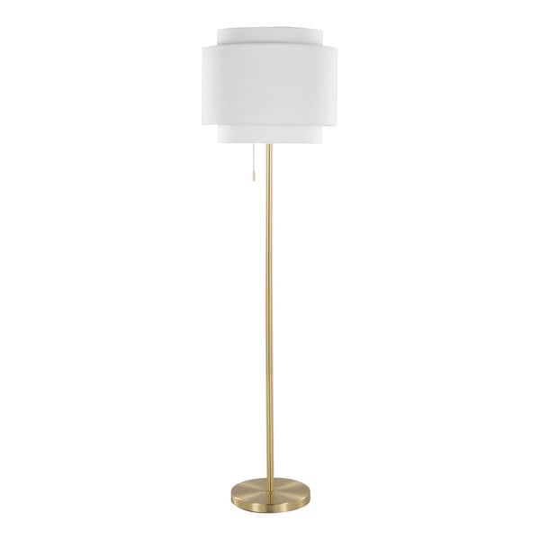 A gold floor lamp with an off-white tiered linen shade.