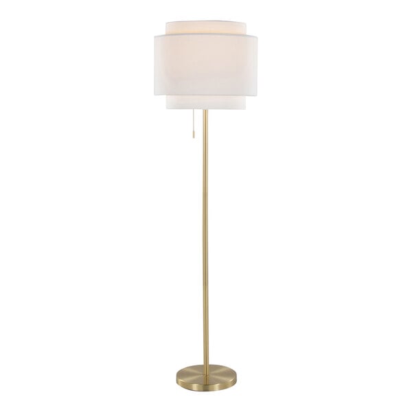 A gold floor lamp with an off-white linen tiered shade.