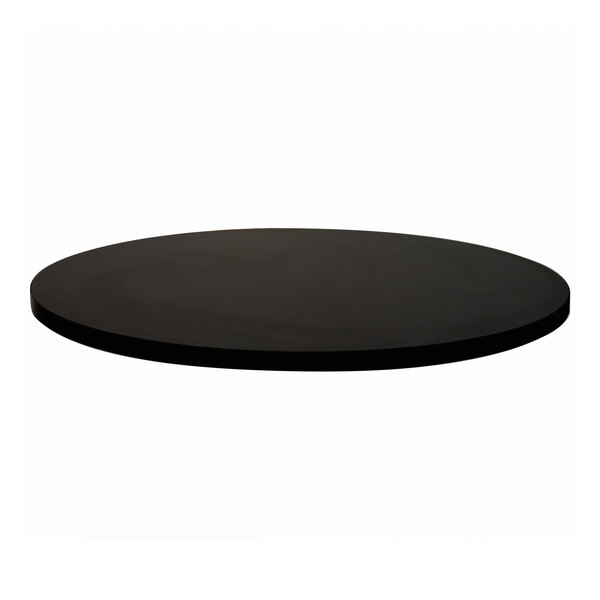 A black round melamine table top with a matching edge, measuring 36 inches in diameter and 1 inch thick.