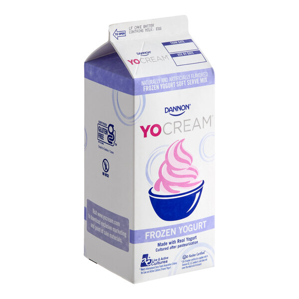 A half-gallon carton of Dannon YoCream non-fat cake batter frozen yogurt mix.